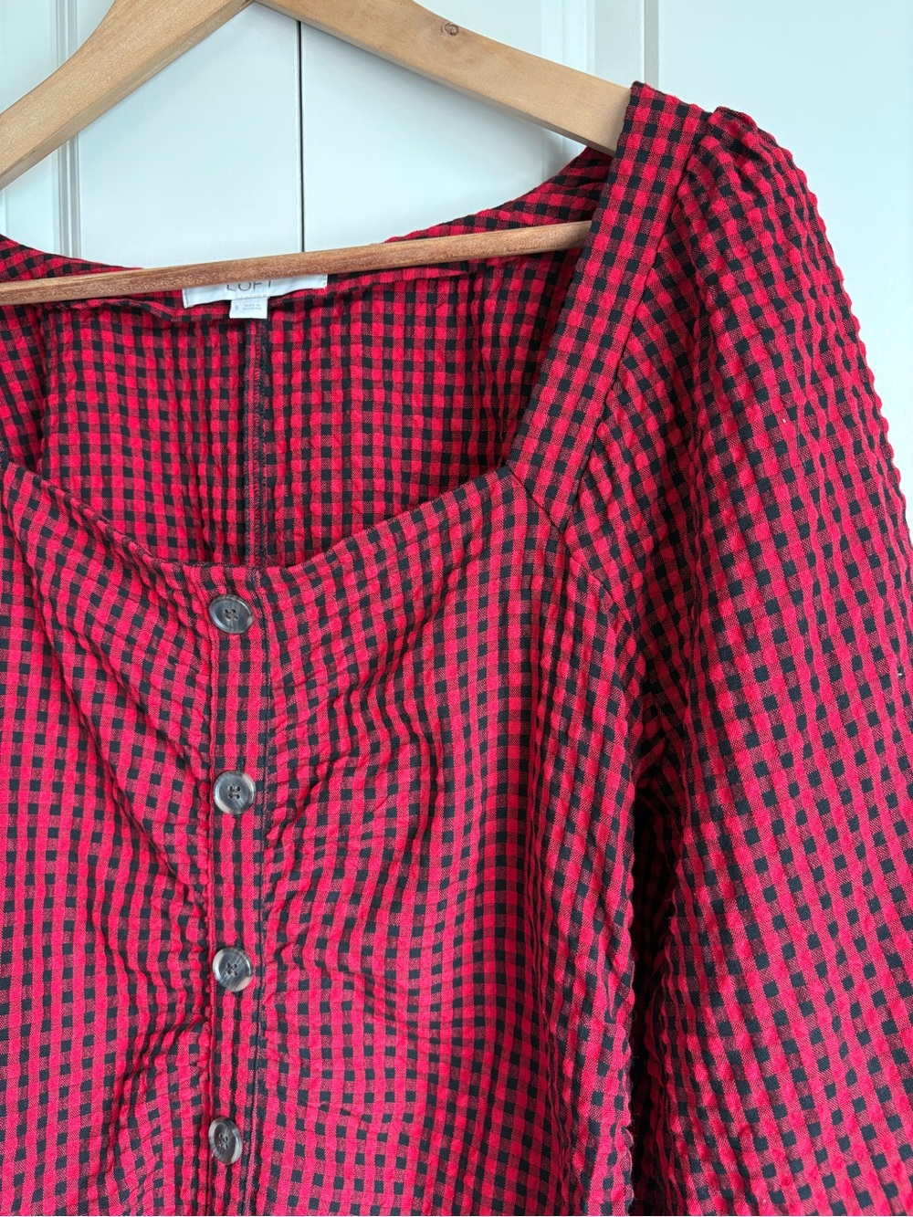 LOFT Gingham Gathered Square Neck Top Red Black Puff Sleeve Blouse Size 8 Picnic - Picture 5 of 14